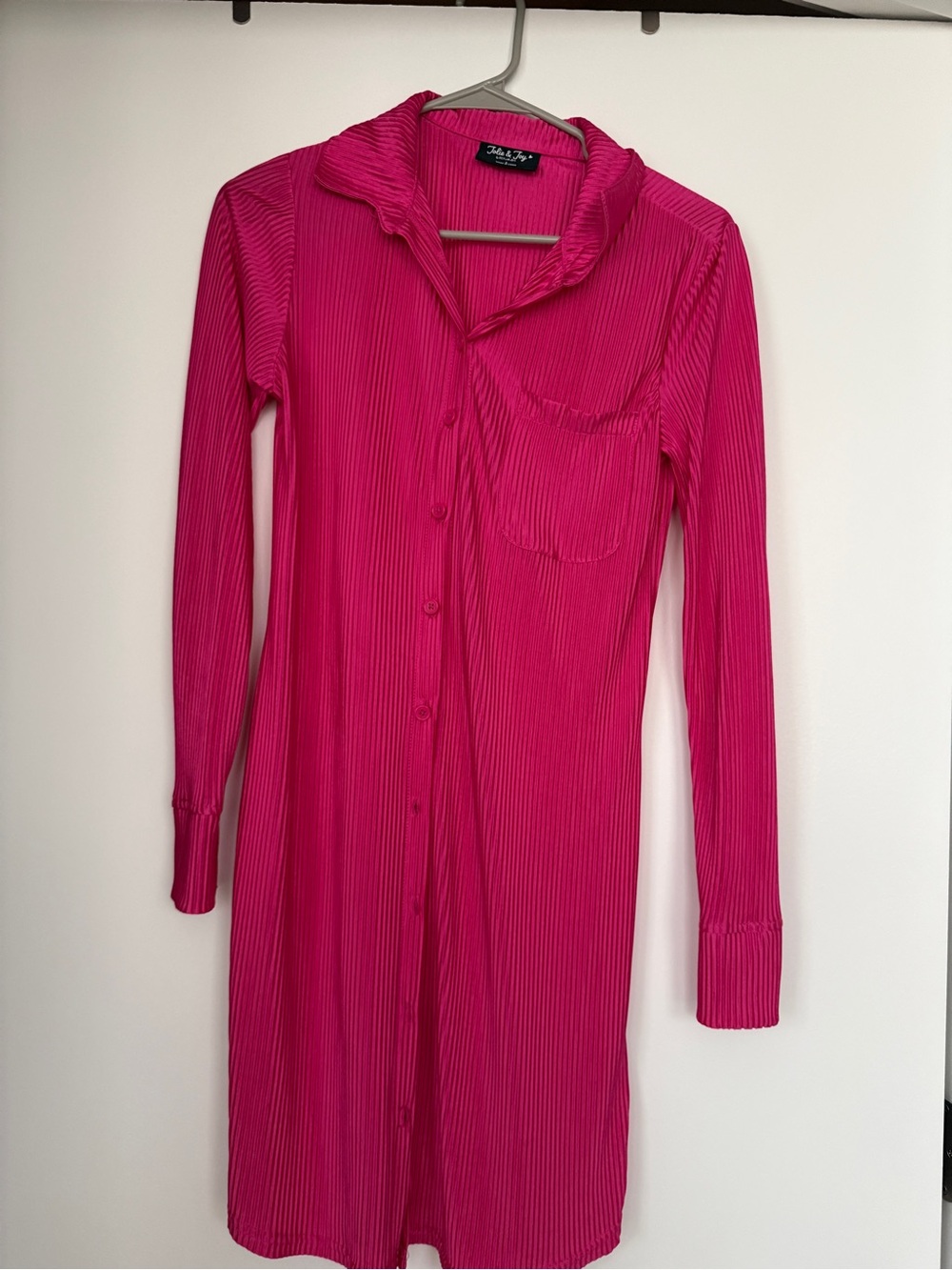 Bright Pink Button-Front Long Sleeve T Shirt Dress
